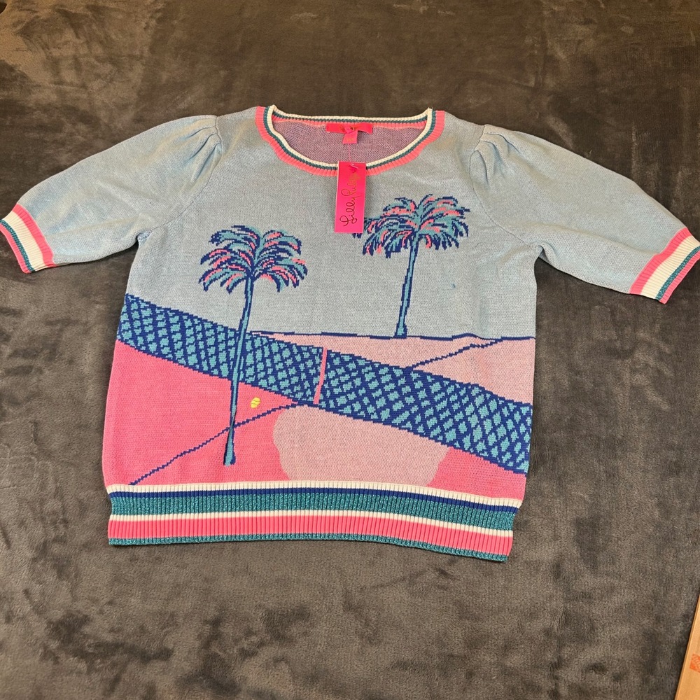 Lilly Pulitzer Vivie Sweater Palm Tree Knit Pullover Blue Pink Womens Medium NWT